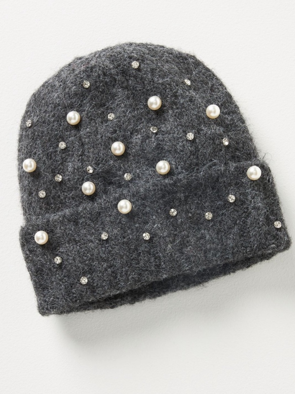 Anthropologie Maeve Beaded Pearl & Crystal Dark Grey Knit Beanie